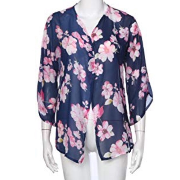 Navy floral print chiffon kimono coverup - Picture 4 of 7